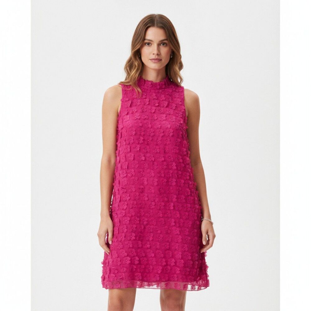 Signature by Robbie Bee 3D Floral Applique Shift Dress Red Fuchsia Tie Neck Sz L